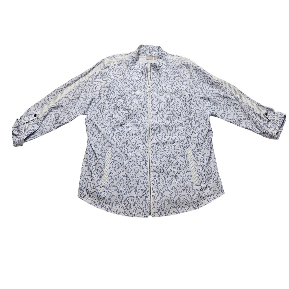 Chicos Zenergy Full Zip Jacket Abstract Print Mesh Trim Blue White Size 3 XL 16